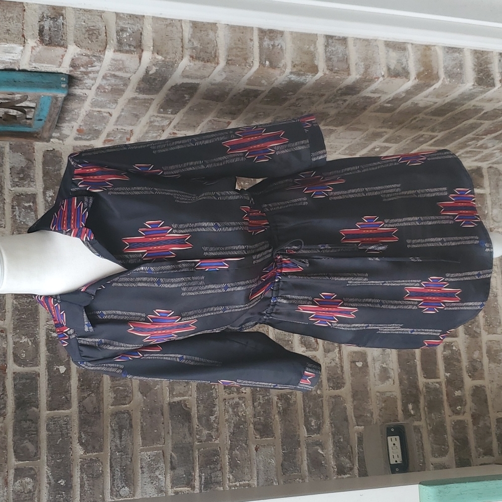 Aqua Semi Sheer Retro 70s Print Tribal Print Waist Tie Long Sleeve Dress